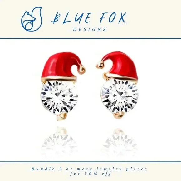 *NEW* 18K Gold Plated Stainless Steel Santa Hat Earrings w/ Cubic Zicornia - Picture 1 of 8